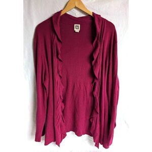 ANNE KLEIN Deep Magenta Ruffle Open Cardigan 100% Cotton Waterfall Size 2X